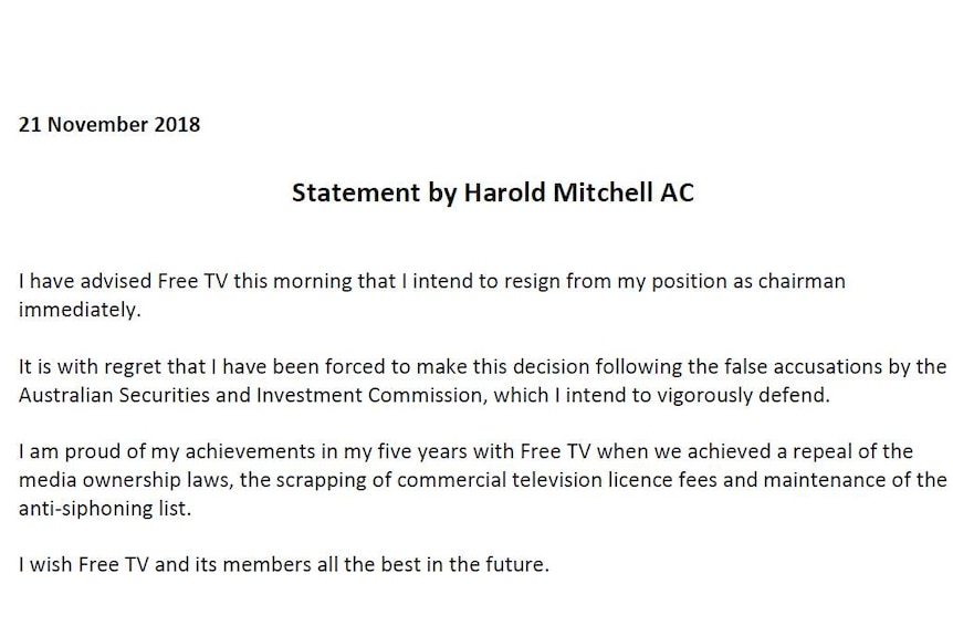 A statement from Harold Mitchell AC relating to his resignation as chairman from Free TV.