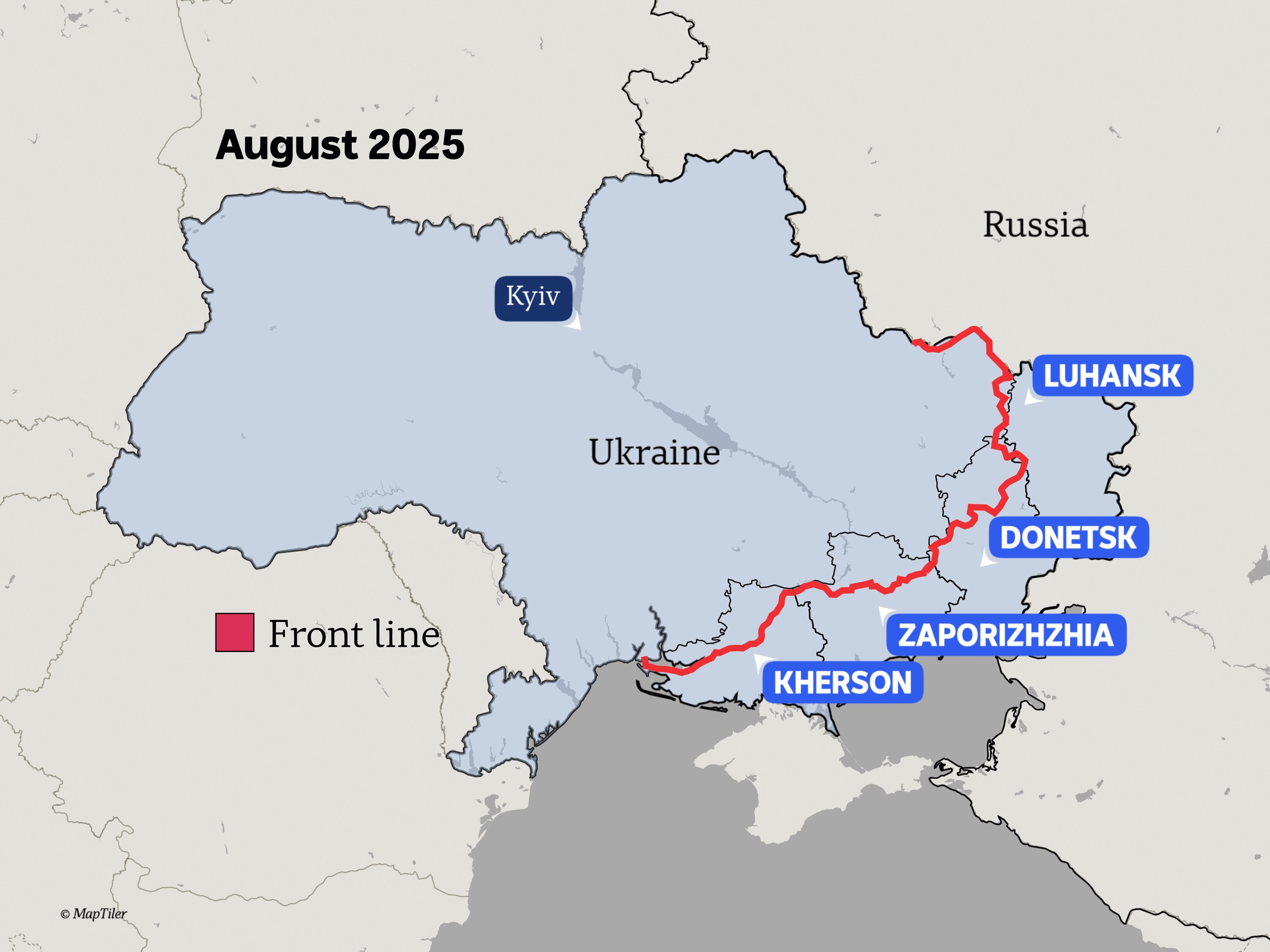 A map of Ukraine for August 2025 with the front line highlighted.
