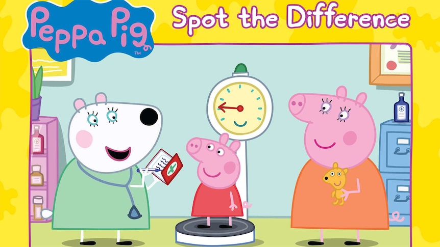 Peppa Pig standing on the scales in the doctor's surgery