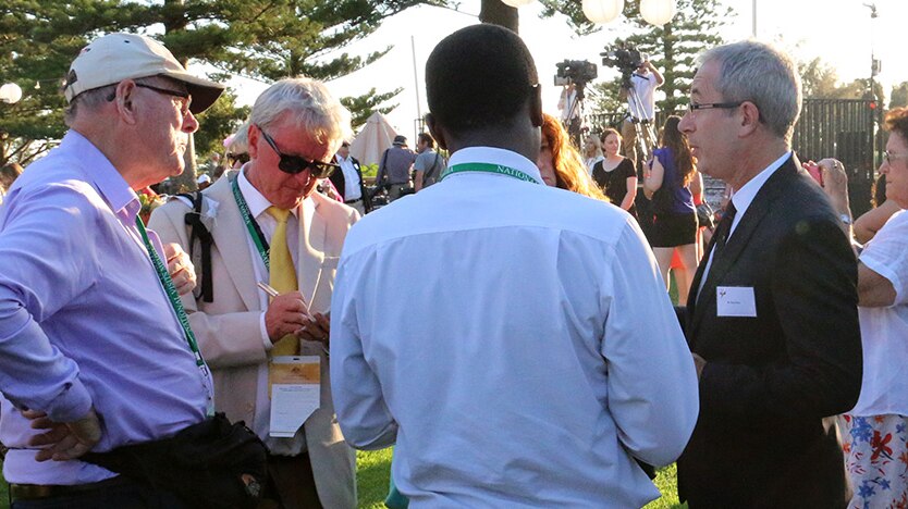 Comedian Ben Elton talks with journalists at Prince Charles' birthday party at Cottesloe civic centre