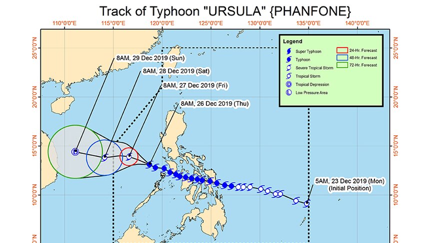 A map of the Philippines shows the typhoon track going over the middle of the country.