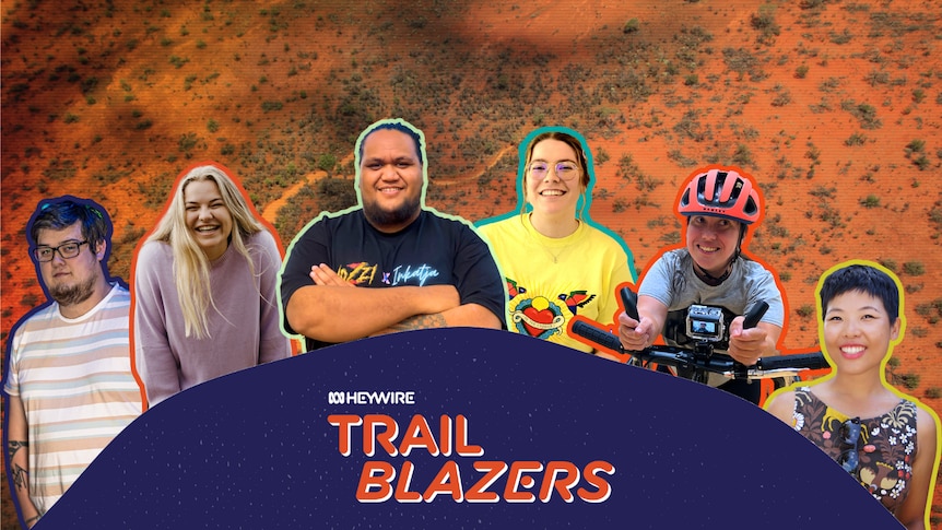 Six young people smiling stand in front of a desert landscape, with a logo located at the bottom saying 'Trailblazers'