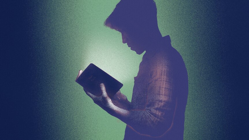 Illustration of a silhouetted man in checkered shirt looking down at small glowing book in his hands.