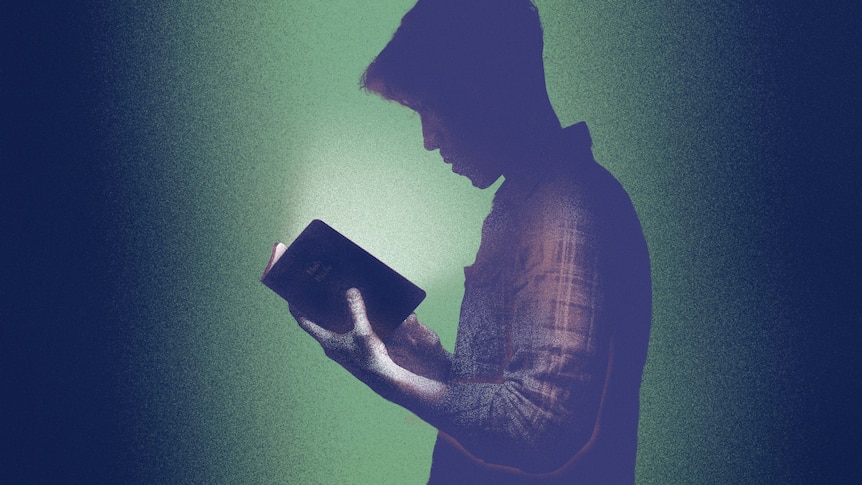 Illustration of a silhouetted man in checkered shirt looking down at small glowing book in his hands.
