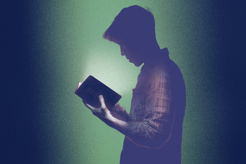 Illustration of a silhouetted man in checkered shirt looking down at small glowing book in his hands.