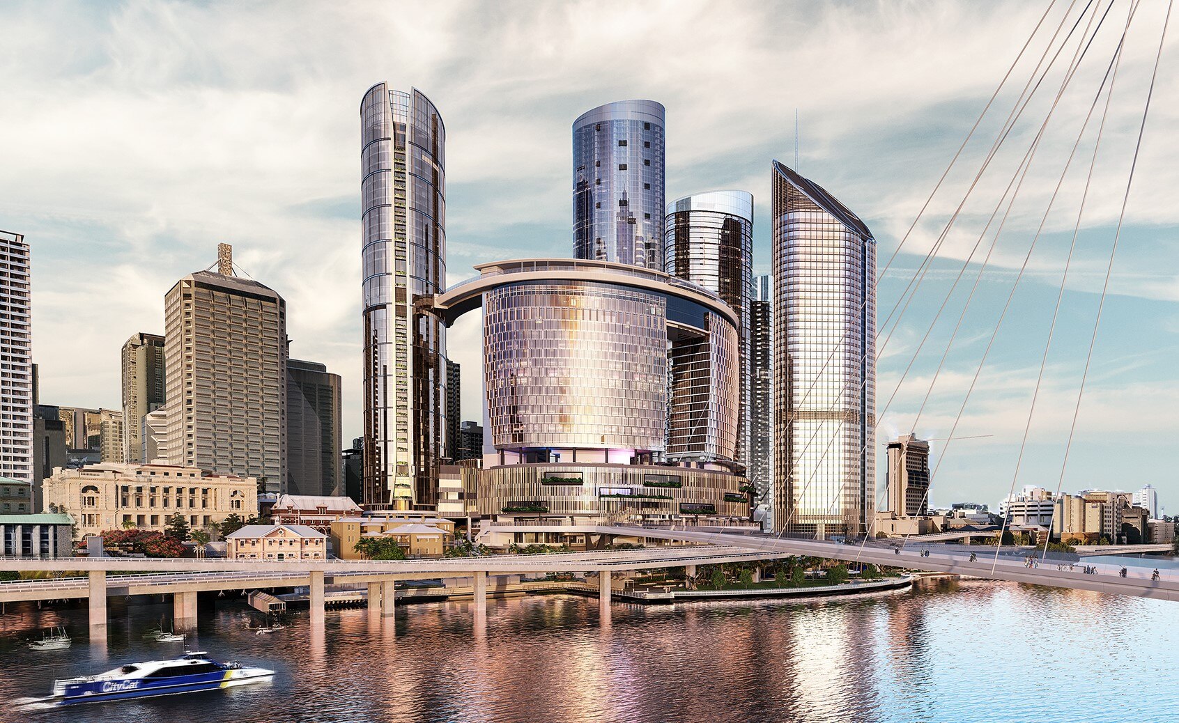 A drawing showing a bridge and modern-looking high rises in the backdrop.