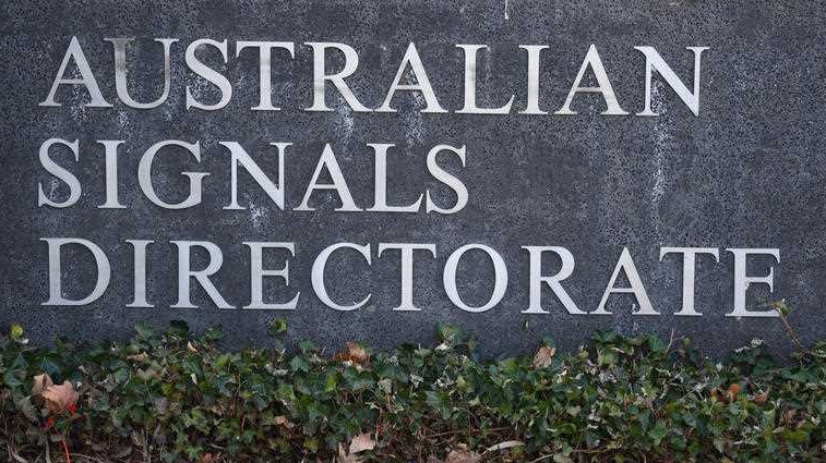 Lettering on a wall that reads Australian Signals Directorate with some ivy and dead leaves underneath it at ground level