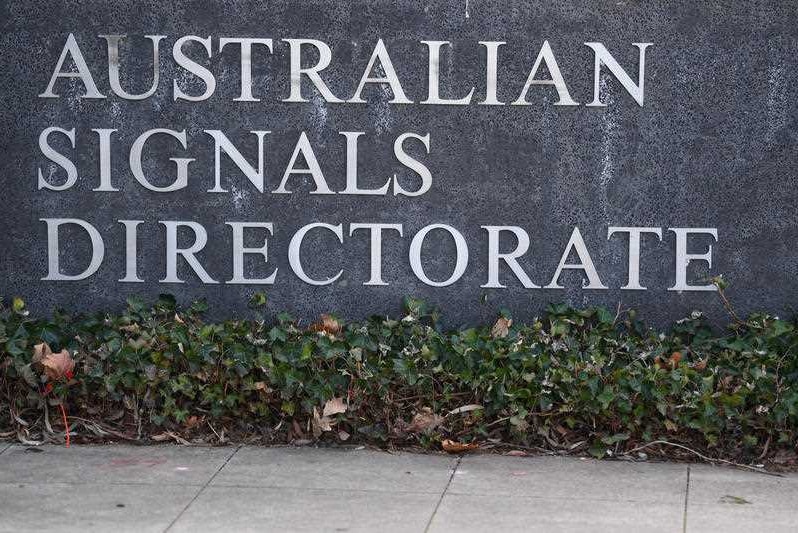 Lettering on a wall that reads Australian Signals Directorate with some ivy and dead leaves underneath it at ground level