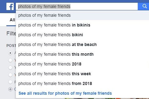A screenshot of the search suggestions Facebook gives you when you search "photos of my female friends".