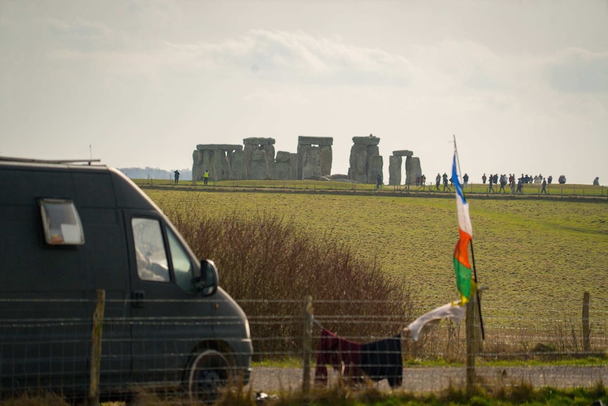 The view of Stonehenge from Buddha Tony's campsite on a nearby side road.
