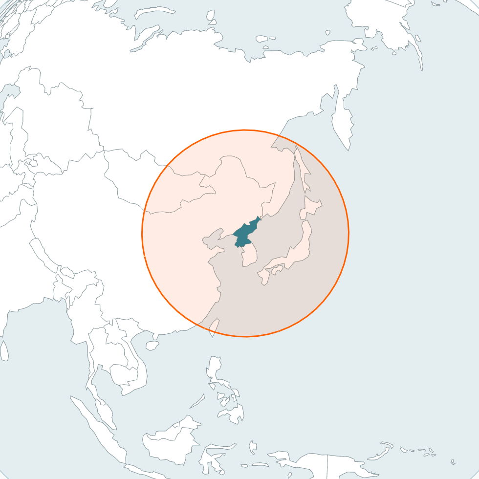 Map with red circle showing the range of North Korea's medium-range missiles. Japan is inside the circle.