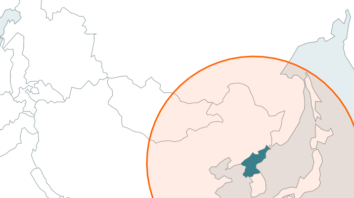 Map with red circle showing the range of North Korea's medium-range missiles. Japan is inside the circle.