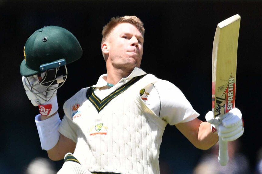 David Warner leaps in the air - helmet in one hand, bat in the other - as he celebrates a century.