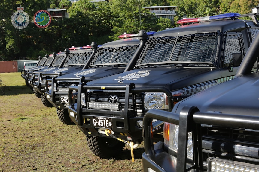 Des véhicules de police noirs alignés.