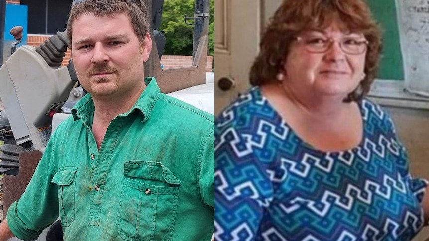 Composite image of a man in a green shirt and an older woman in a printed blue top.