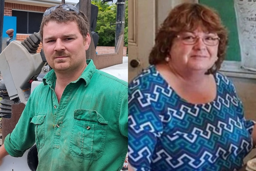 Composite image of a man in a green shirt and an older woman in a printed blue top.