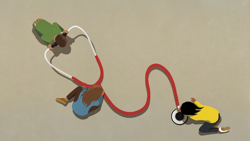 Illustration of a birds eye view of three people looking at a giant stethoscope. 