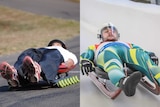 two images side by side one of man lying on wheeled luge and another lying in olympic uniform on luge on ice 