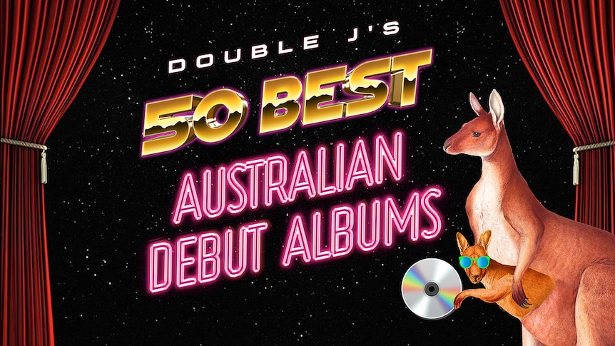 A picture of a kangaroo with a Joey wearing sunglasses and holding a CD against a starry sky with red curtains on each side