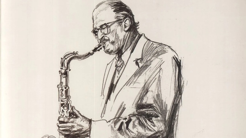 A pencil sketch of saxophonist Al Cohn with his tenor