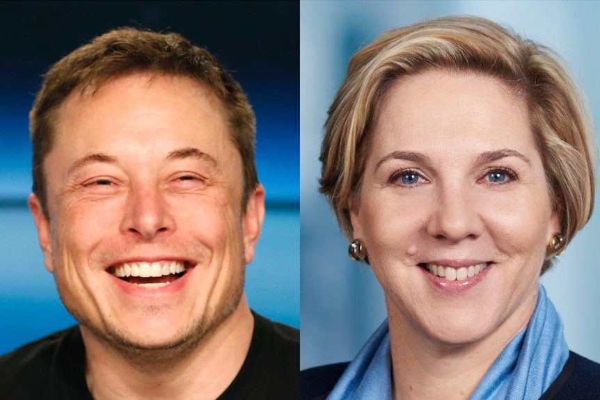 Side by side image of Elon Musk and Robyn Denholm