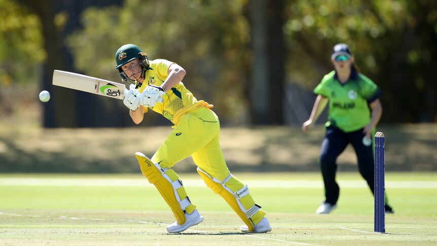 Australia batter Alyssa Healy plays a cricket shot during a Twenty20 cricket match against Ireland.