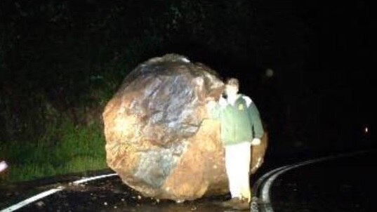 Harrison Darley standing beside a boulder taller than him on a lane of roadway in Dorrigo at night.