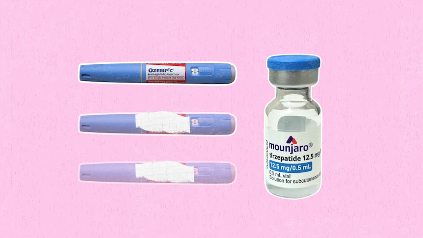 A graphic showing a vial of the Mounjaro weight loss drug next to three Ozempic pens