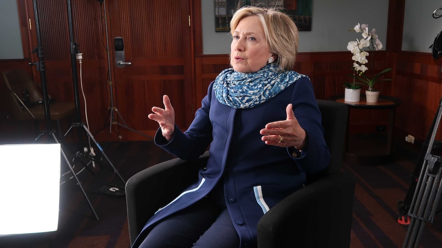 Hillary Clinton makes a point during an interview with 7.30. Friday 11 May 2018.
