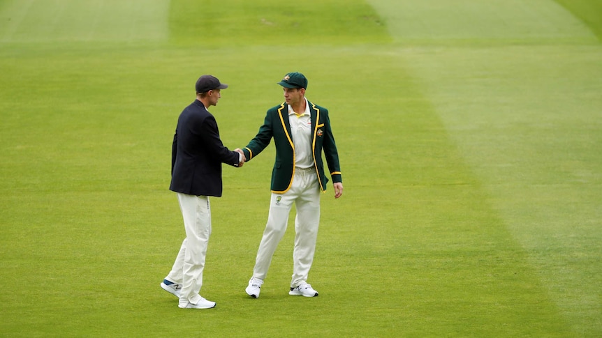Two cricketers shake hands in a green field