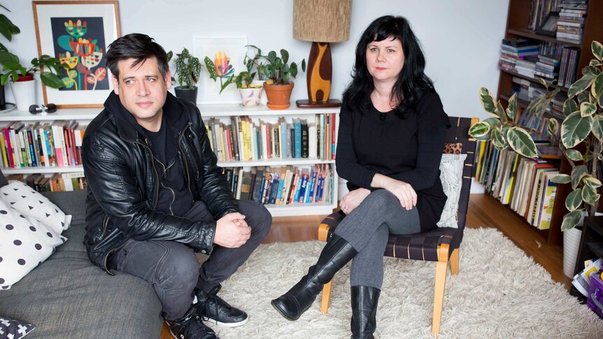 James Hullick and Charlotte Bolcskey sit in their home in Melbourne's inner north.