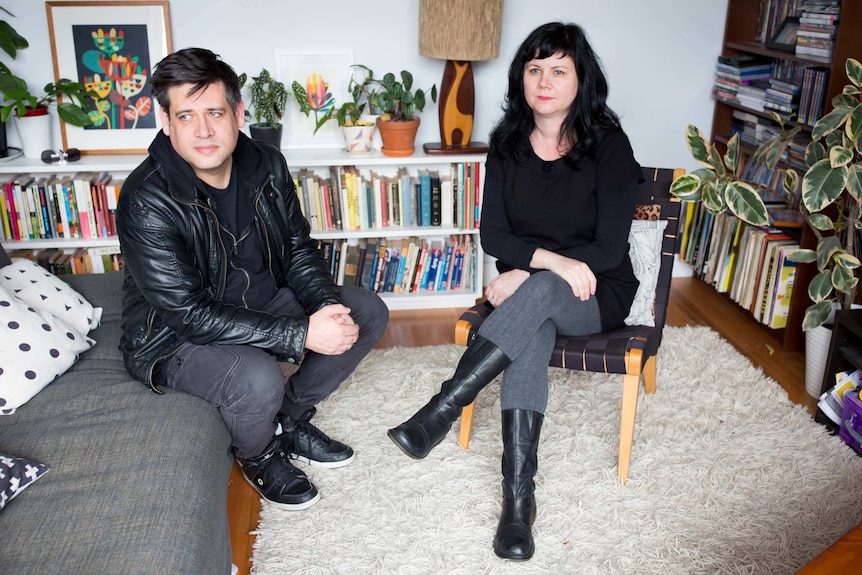 James Hullick and Charlotte Bolcskey sit in their home in Melbourne's inner north.