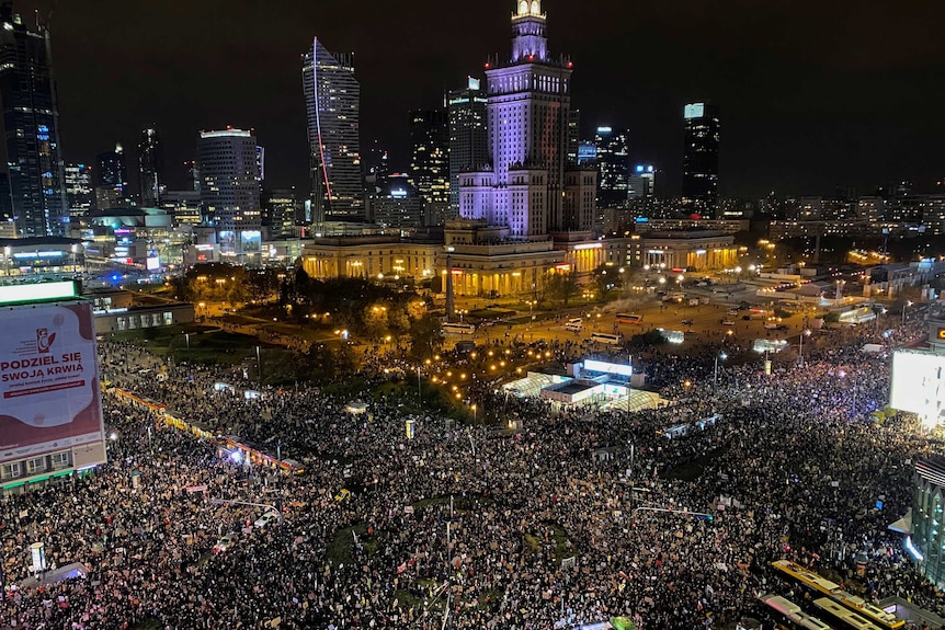 Aerial view of thousands of protestors in a city