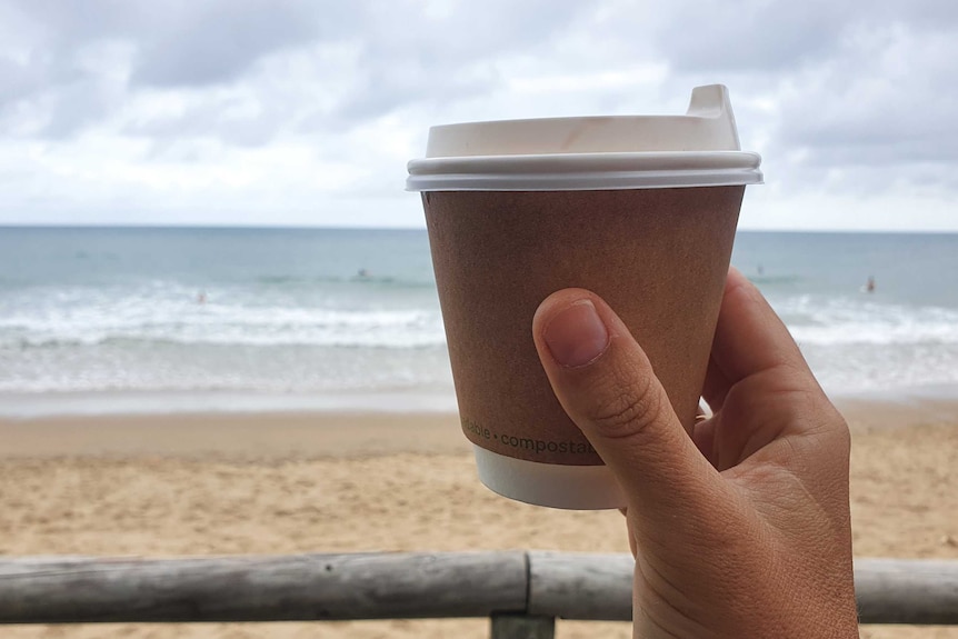 a compostable coffee cup in the foreground and ocean in the background