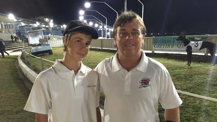 Greyhound enthusiast Terry Priest with his son Joshua at the Grafton Carnival.