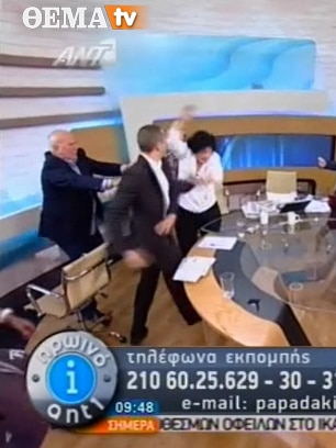 Golden Dawn spokesman Ilias Kasidiaris slaps a female politician on Greek TV
