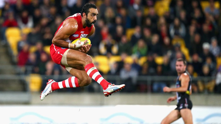 Sydney's Adam Goodes marks during the round five 2103 match against St Kilda in Wellington.