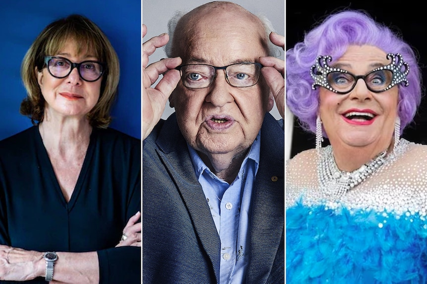 Side by side photos of Mary-Louise McLaws, Father Bob Maguire and Barry Humphries dressed as Dame Edna