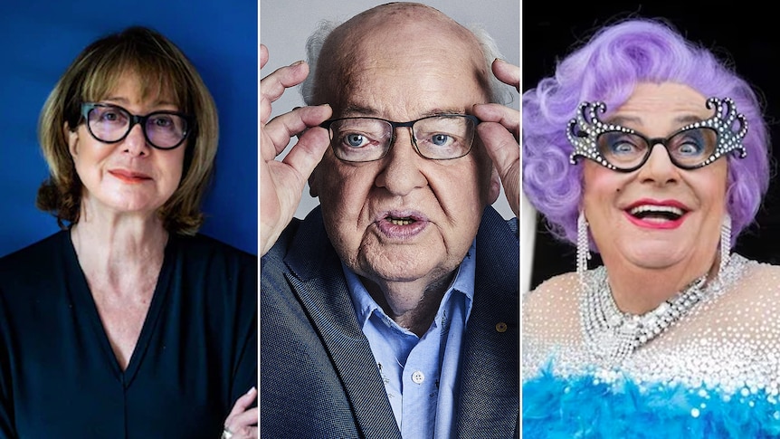 Side by side photos of Mary-Louise McLaws, Father Bob Maguire and Barry Humphries dressed as Dame Edna