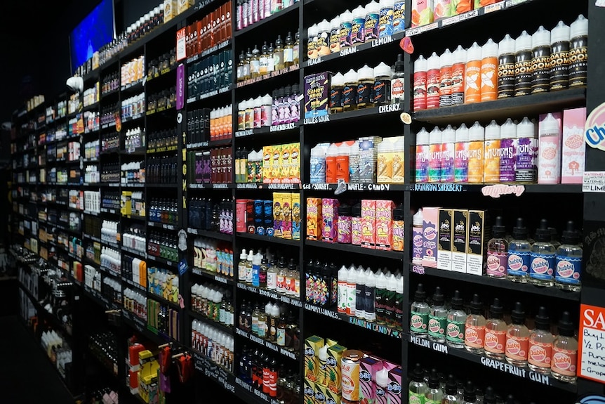 The shelves of a vape store, fully stocked