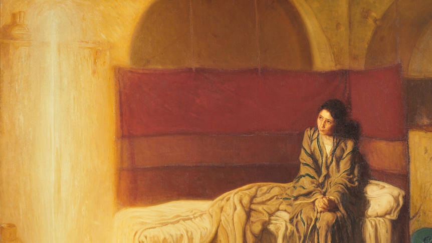 In Eastern dress, a young woman ponders an angel's presence, depicted only as a shaft of light