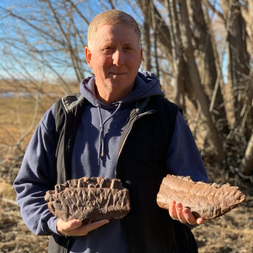 A man holds to pieces of fossil in a field.