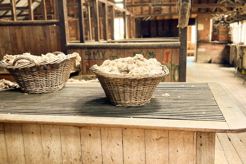 Wool baskets sit on a wood table in a shearing shed