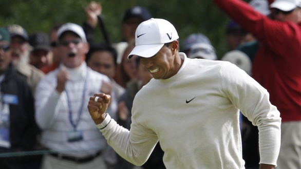 Pumped...Woods came from 6-over to storm into US Open contention.