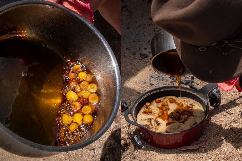 Glaze made from cherries being poured on cake