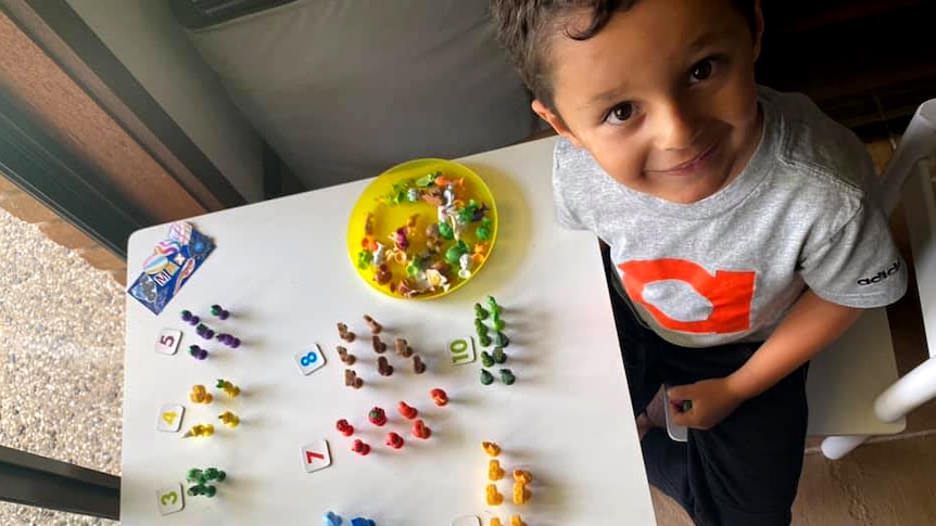 A child sits at a table having organised a bunch of small toys into numbered groups.