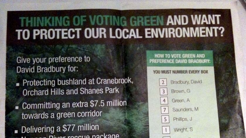 Misleading ALP flyer, telling people to direct their preferences to Lindsay's Labor candidate, David Bradbury