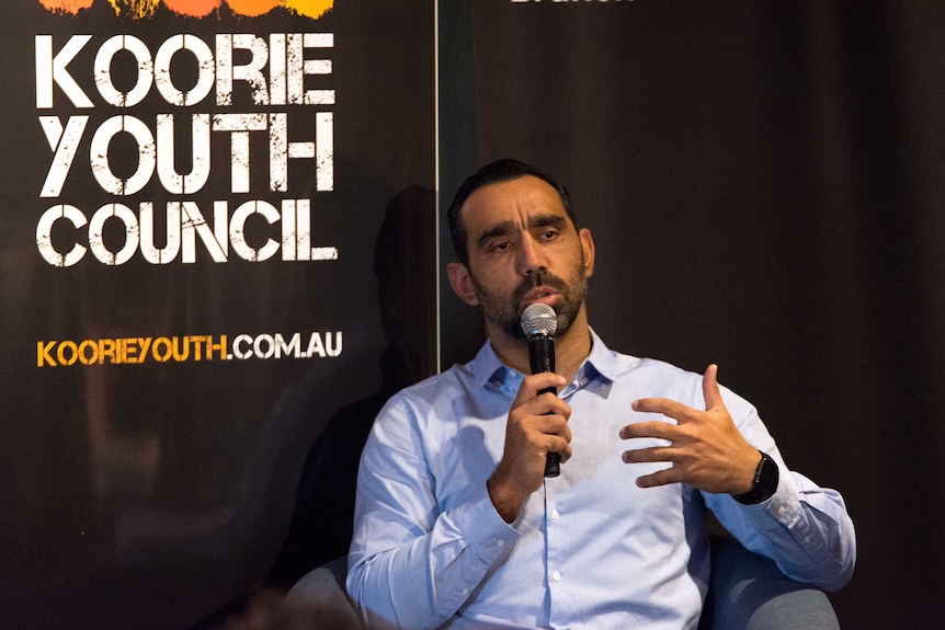 Former Sydney Swans AFL star Adam Goodes speaking at a Koorie Youth Summit in Melbourne