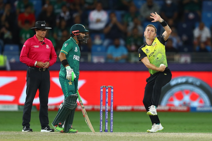 Adam Zampa stands in his delivery stride with the umpire and a Pakistan batsman watching on