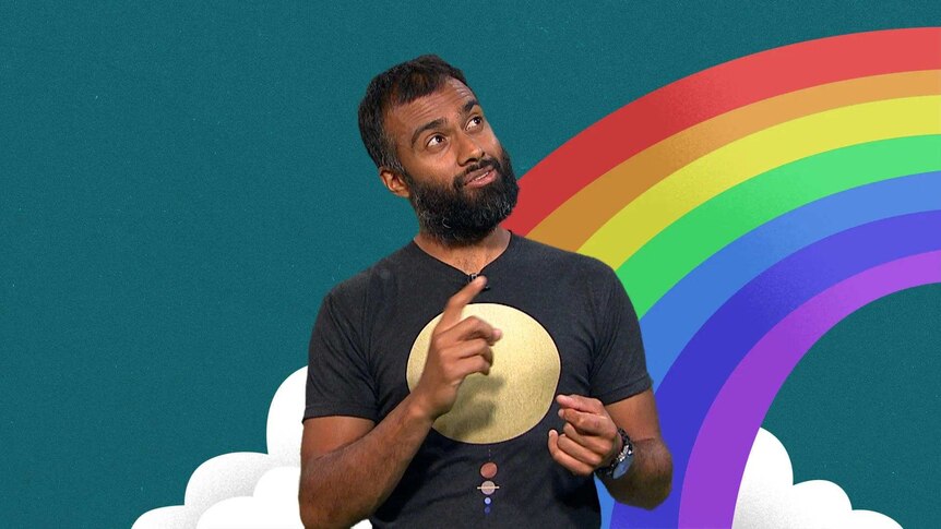 Dr Nij from the podcast 'Imagine This' with an animated Rainbow in the background